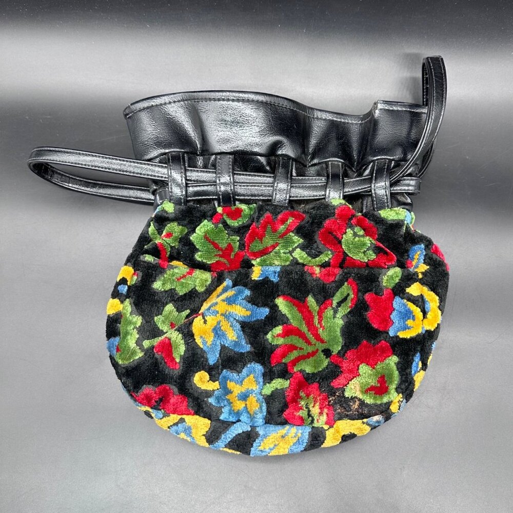 Vintage Purse Velveteen Floral Tapestry Bucket Bag Drawstring 1940s Black Red - Picture 2 of 11